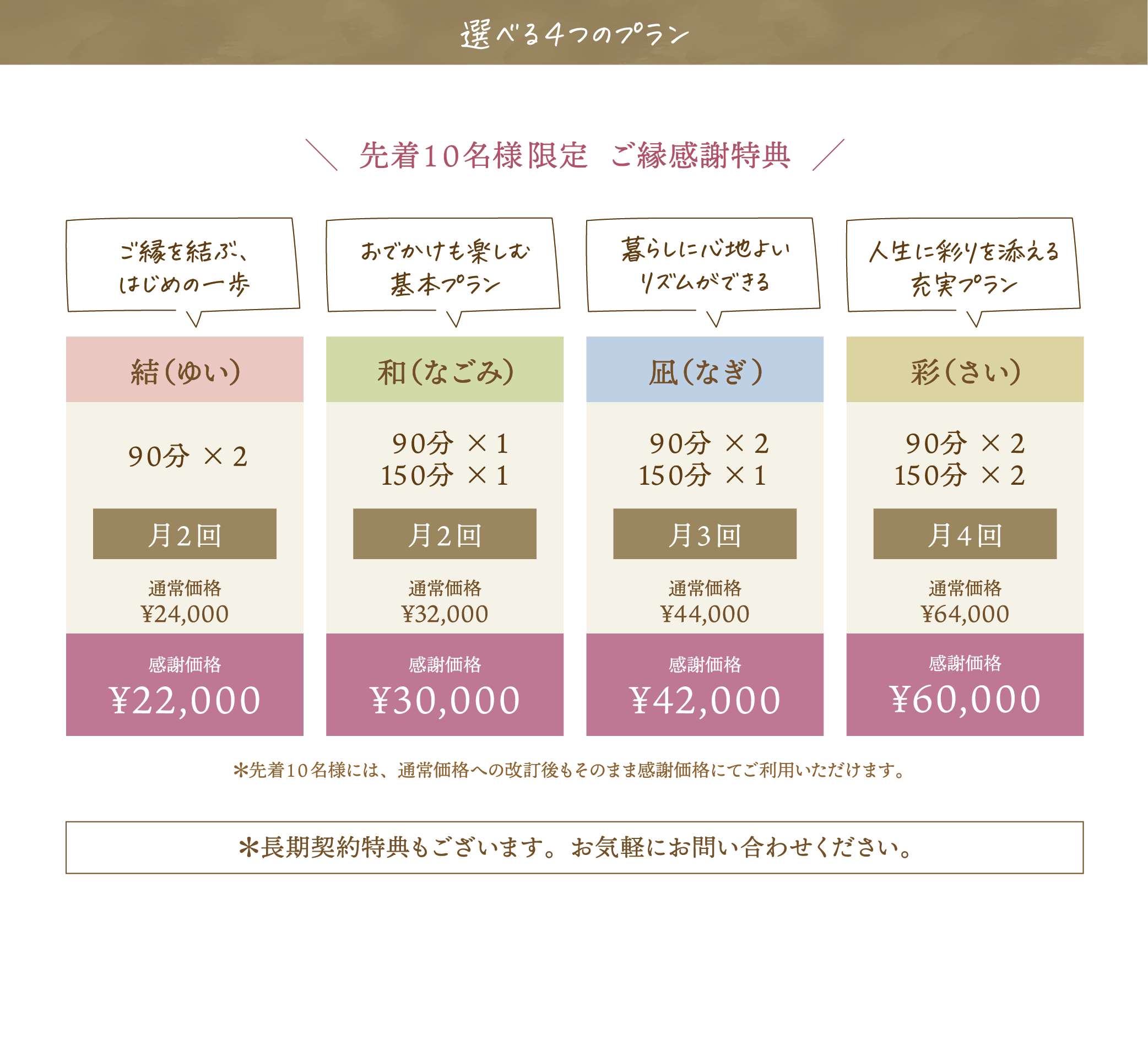 選べる4つのプラン。結、和、凪、彩。先着10名様限定 ご縁感謝特典。